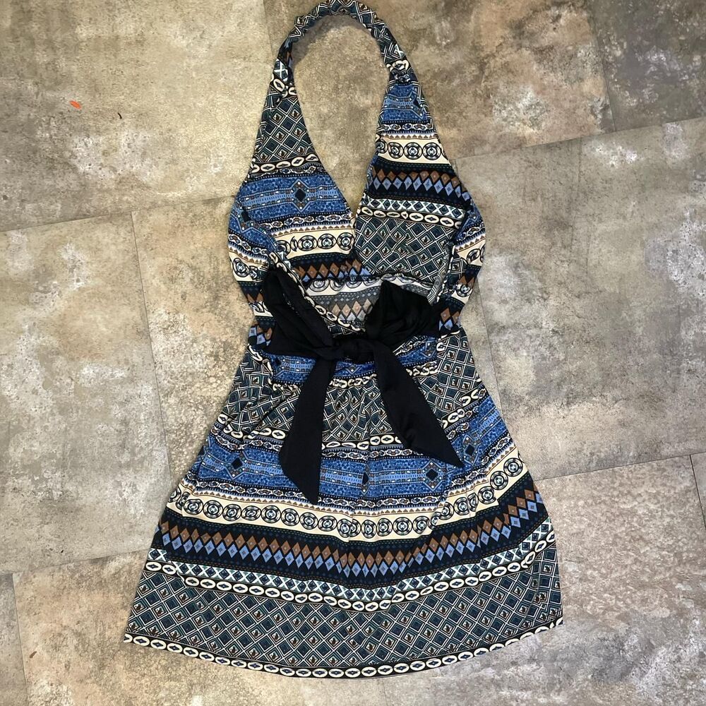 mandee y2k halter top or mini dress with blue and brown early 2000s pattern